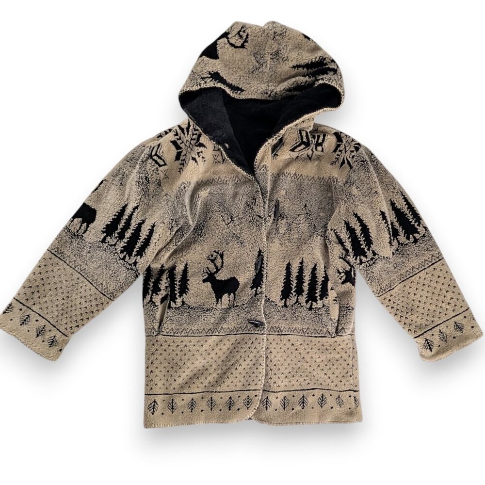 VTG High Pile Fleece Tan Black Winter Woods Wildlife Reversible Nordic Coat